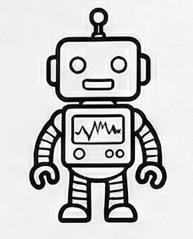 a black and white robot with a smile.webp